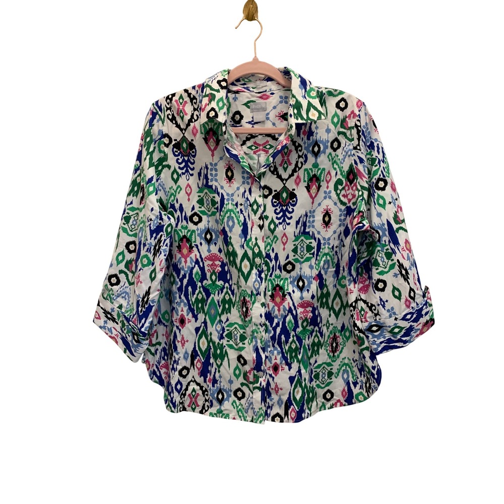 Chico's No-Iron Chic Stretch Shirt Womens Size 2 Large Ikat Geo Button Front